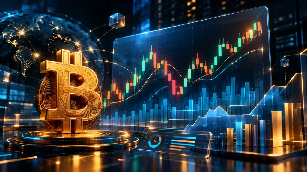 تصویر سه‌بعدی قیمت بیت کوین و نمودار بازار رمزارزها