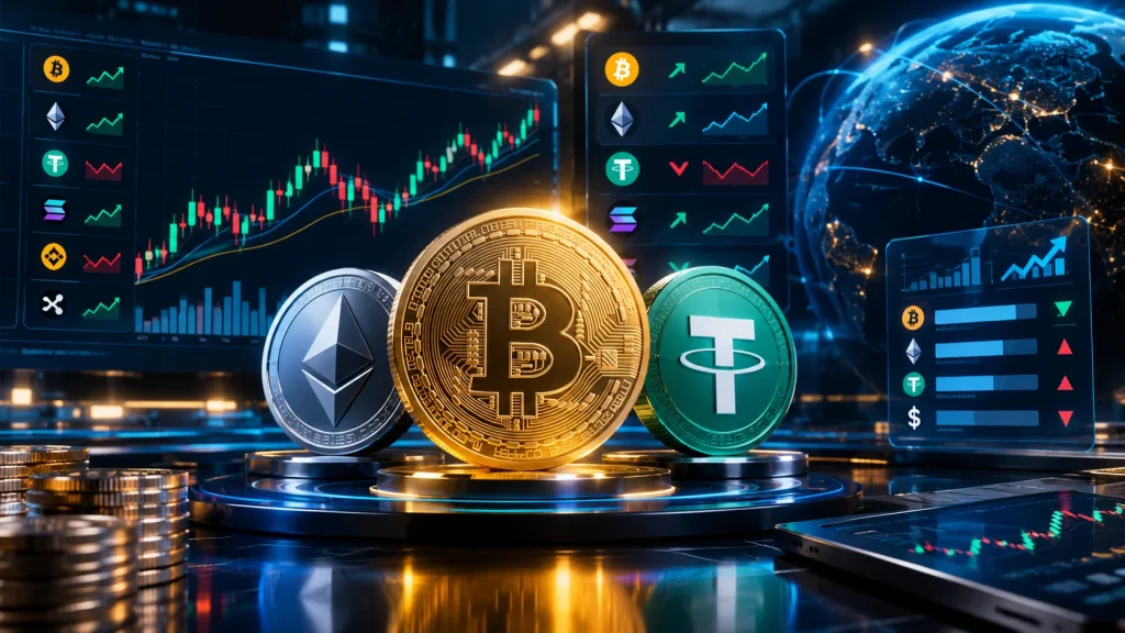 قیمت ارز دیجیتال امروز ۸ مهر ۱۴۰۵؛ نمایش سهبعدی بیتکوین، اتریوم و تتر