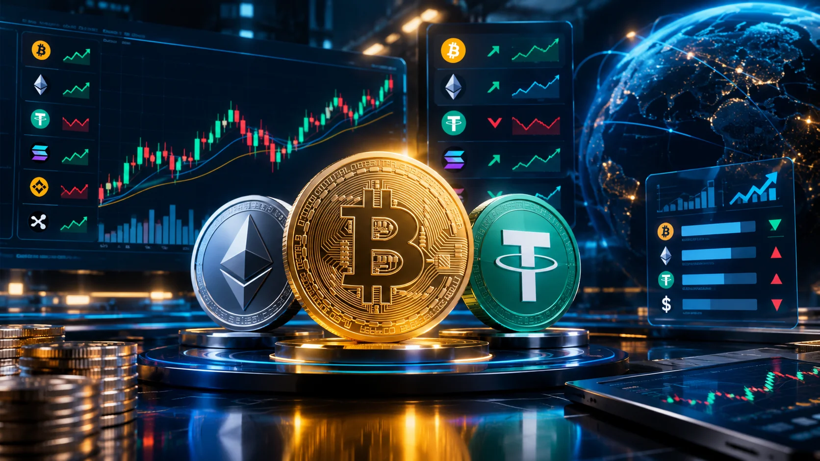 قیمت ارز دیجیتال امروز ۸ مهر ۱۴۰۵؛ نمایش سه‌بعدی بیت‌کوین، اتریوم و تتر