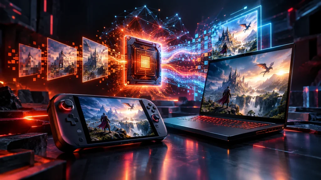 تصویر سهبعدی فناوری AMD FSR 4 برای لپتاپهای گیمینگ و کنسولهای دستی