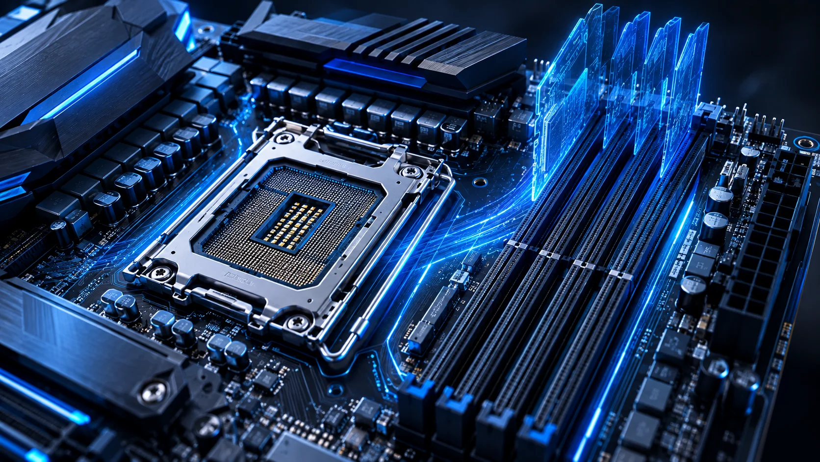 سوکت پردازنده LGA 1954 و چهار اسلات حافظه DDR5 در مادربرد Nova Lake-S